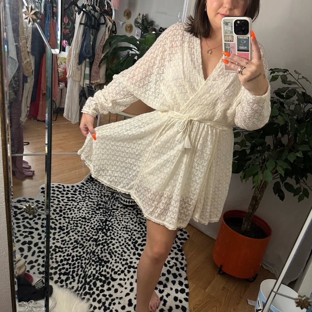 Free People Lace Sheer Long Sleeve Mini Dress Cream Size Small - Picture 2 of 6